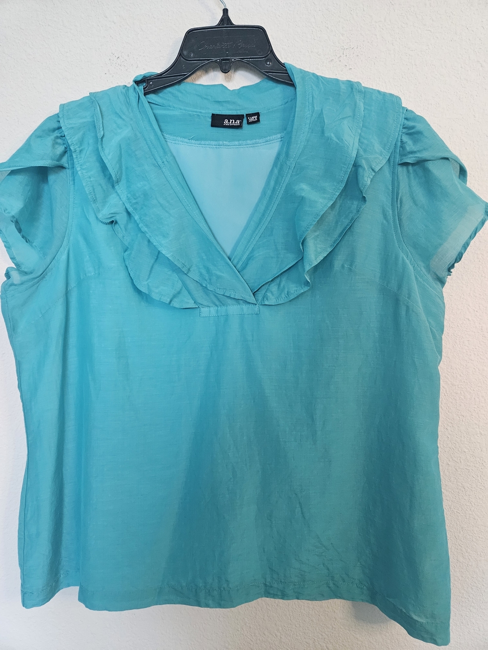 A.N.A Turquoise Ruffle V-Neck Women's Top - Picture 3 of 16